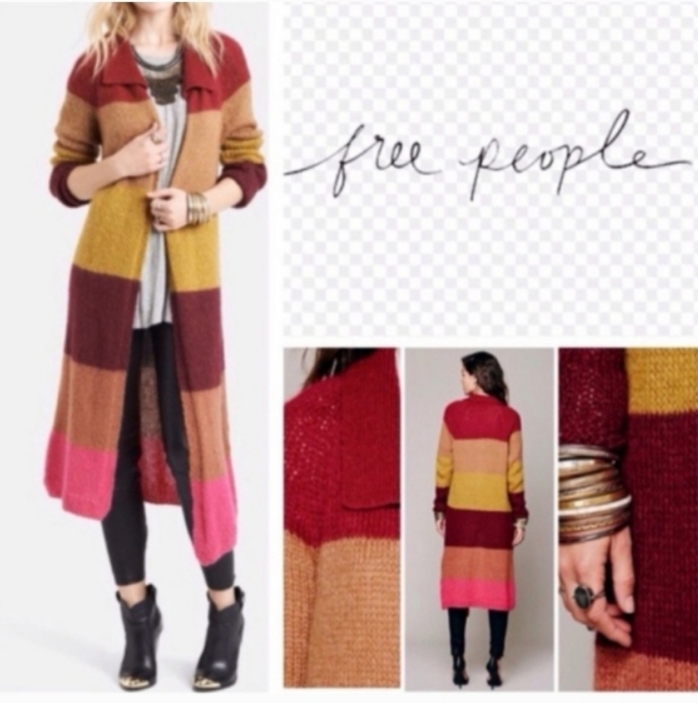 Free People Over The Rainbow Multicolor  Striped Maxi Duster Cardigan Sweater